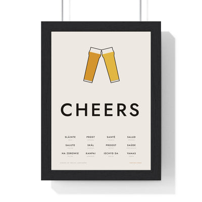 Cheers In Different Languages Print framed in a black frame, ready to hang