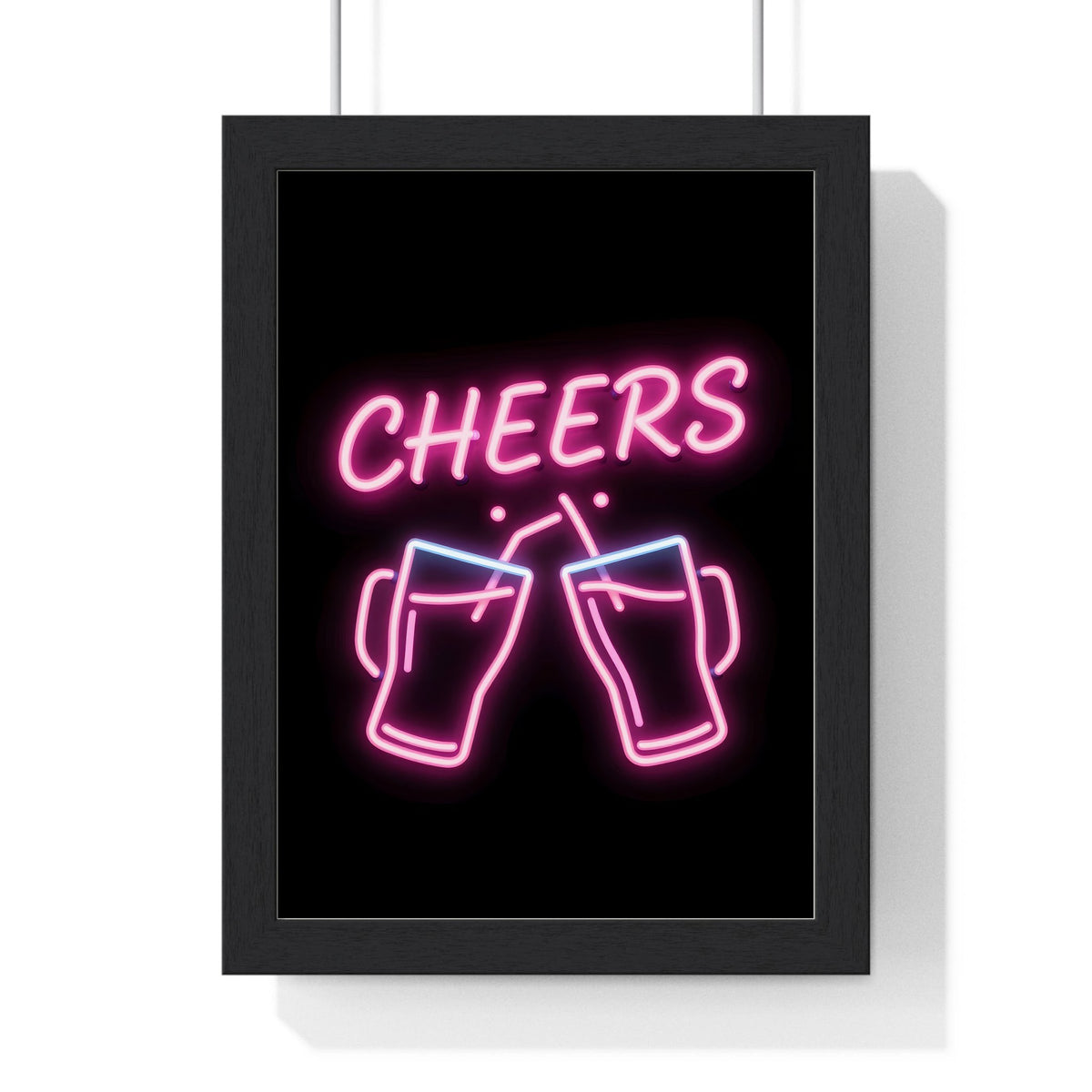 Cheers Neon Print framed in a black frame, ready to hang