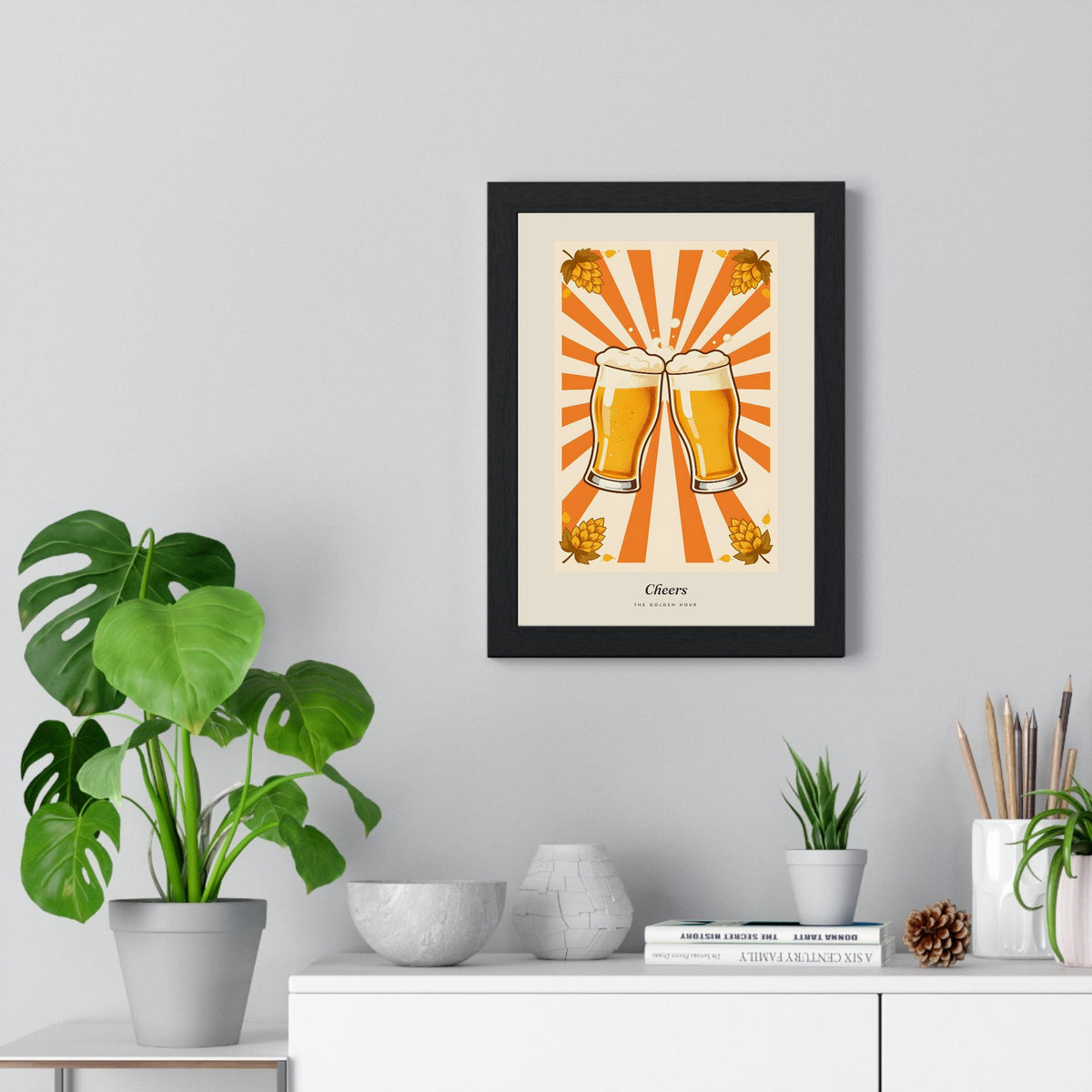 Cheers Retro Beer Poster framed on a living room wall