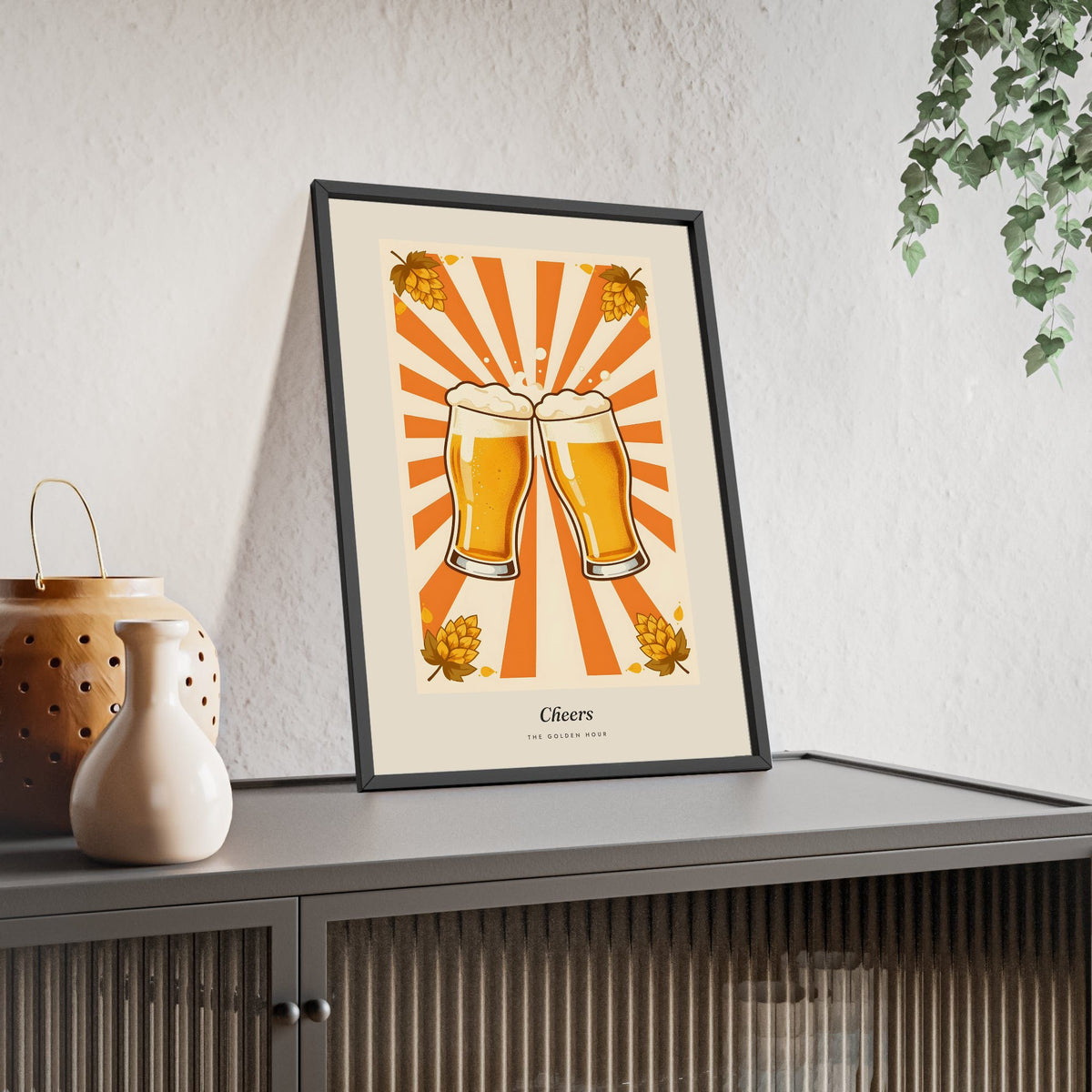 Cheers Retro Beer Poster framed and leaning on a sideboard
