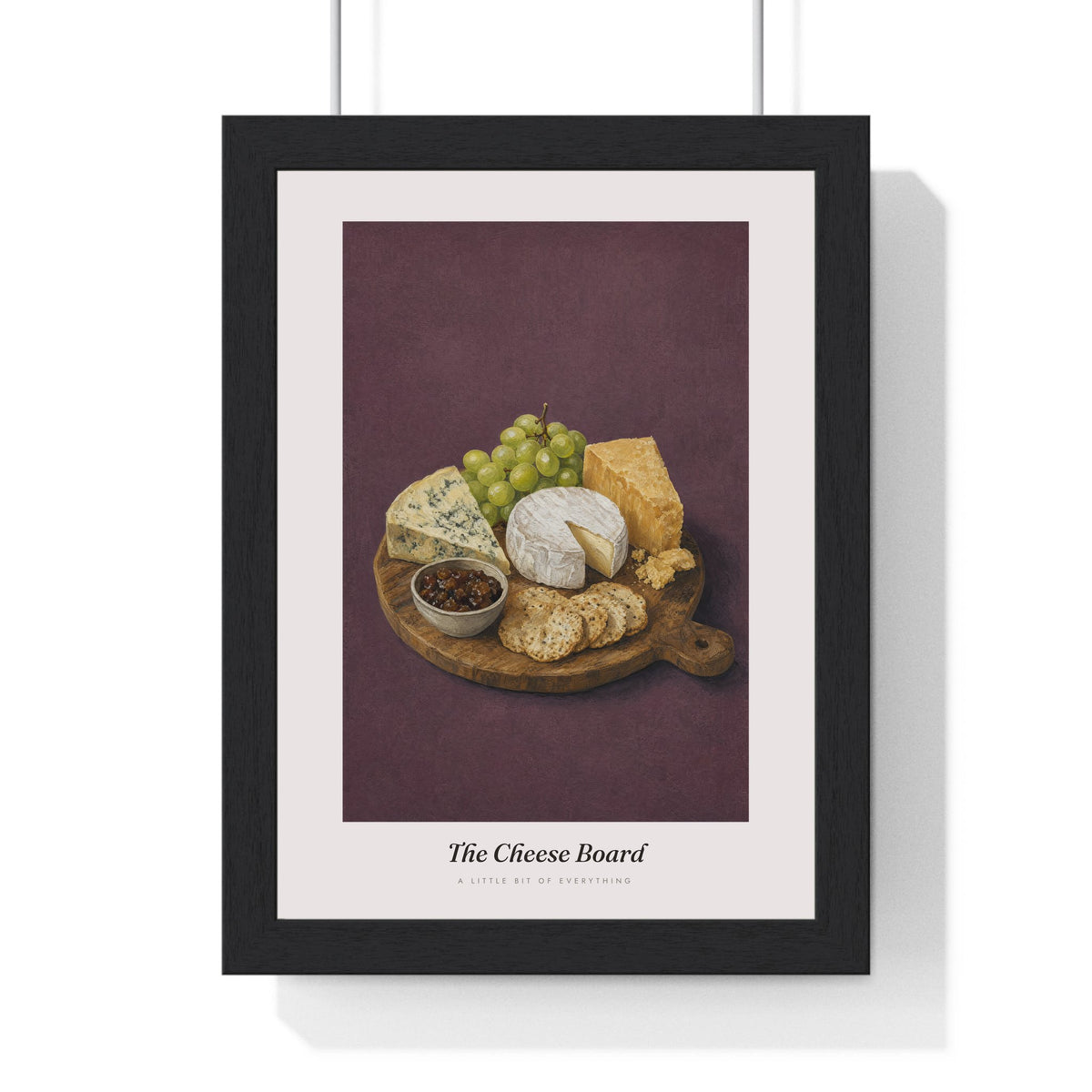 Cheese Board Print framed in a black frame, ready to hang