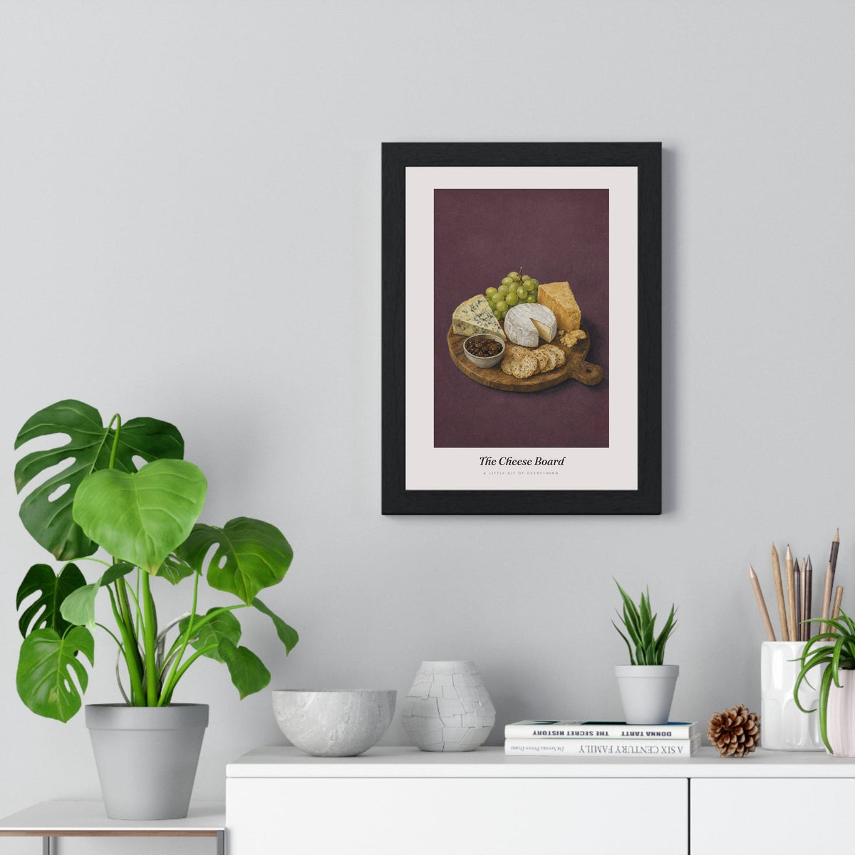 Cheese Board Print framed on a living room wall