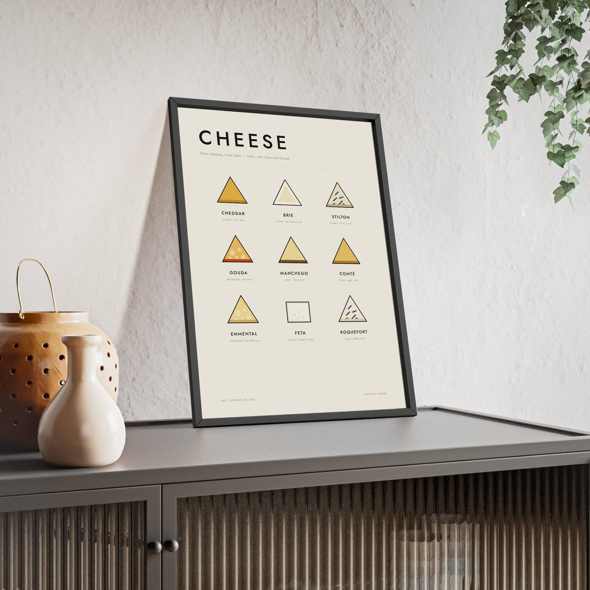 Cheese Guide print framed and leaning on a sideboard
