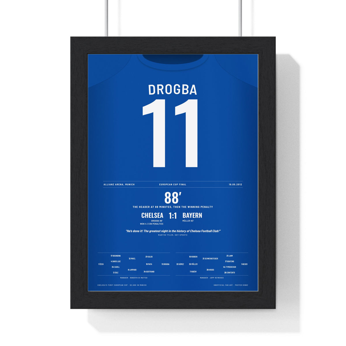 Chelsea Champions League Final 2012 Munich Poster - Drogba 11 framed in a black frame, ready to hang