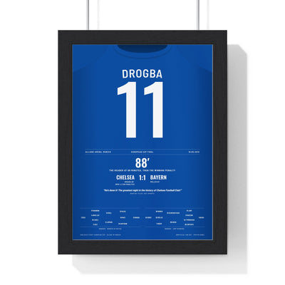 Chelsea Champions League Final 2012 Munich Poster - Drogba 11 framed in a black frame, ready to hang