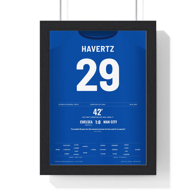 Chelsea Champions League Final 2021 Porto Poster - Havertz 29 framed in a black frame, ready to hang