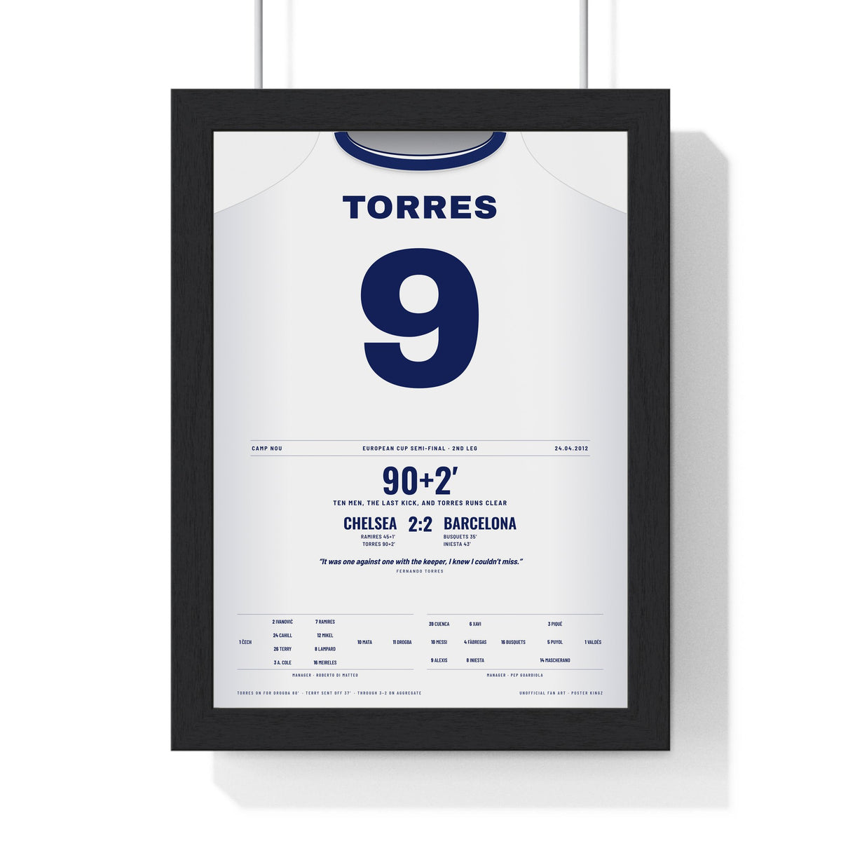 Chelsea Champions League Semi-Final 2012 Poster - Fernando Torres 9 Camp Nou Shirt Print framed in a black frame, ready to hang