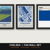 Chelsea Fan Wall Set | Stamford Bridge Print, Stadium Map & Club Colours - framed prints shown together as a set