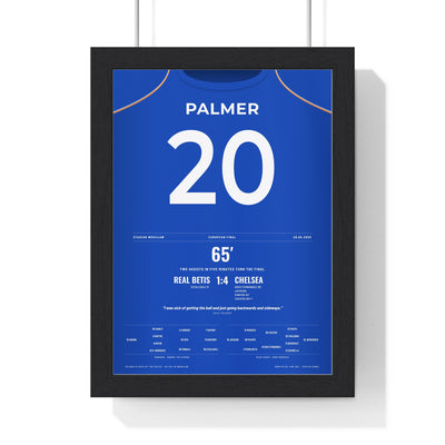 Chelsea Conference League Final 2025 Poster - Cole Palmer 20 Shirt Print framed in a black frame, ready to hang