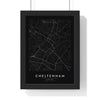 Cheltenham street map poster in black, minimal city map print framed in a black frame