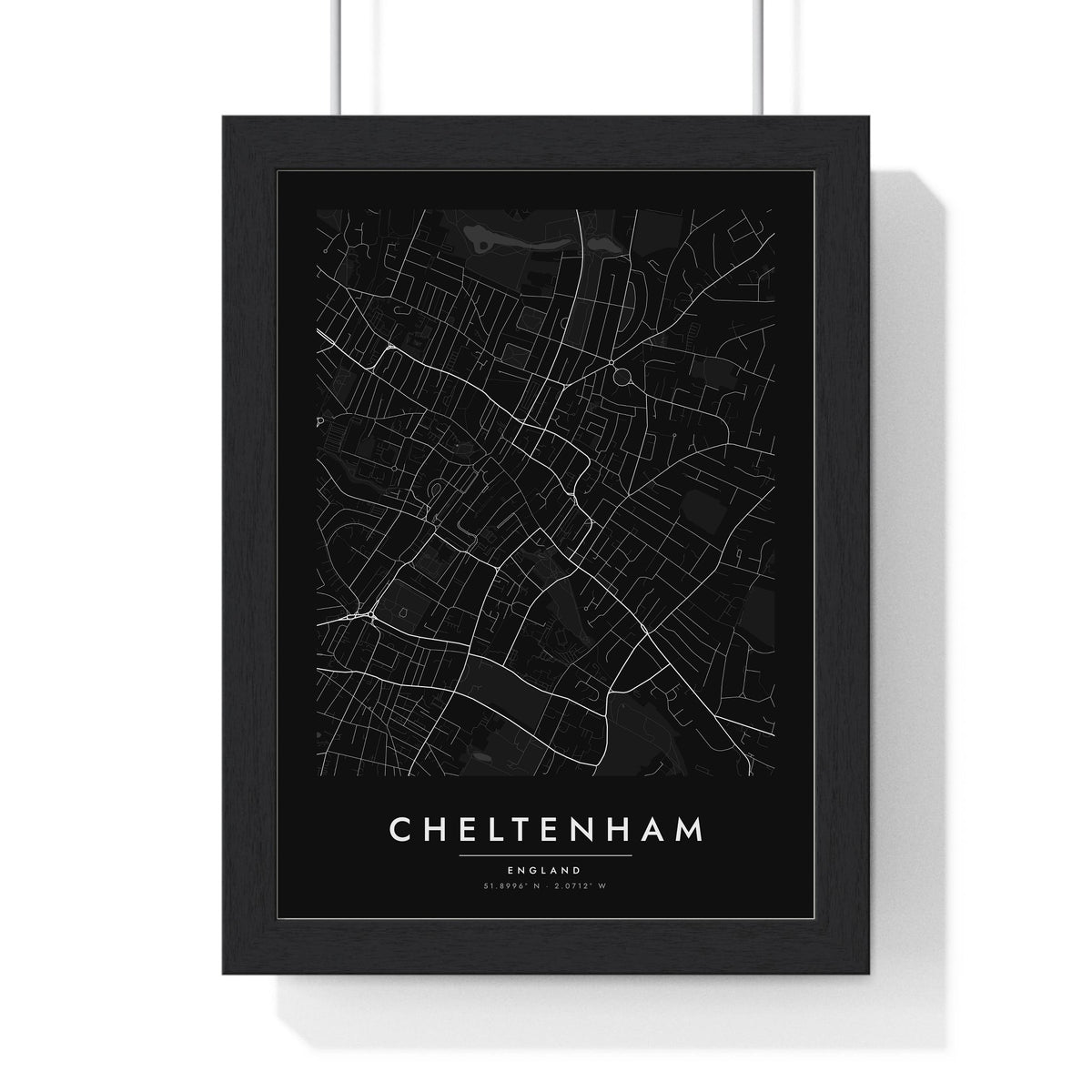 Cheltenham street map poster in black, minimal city map print framed in a black frame