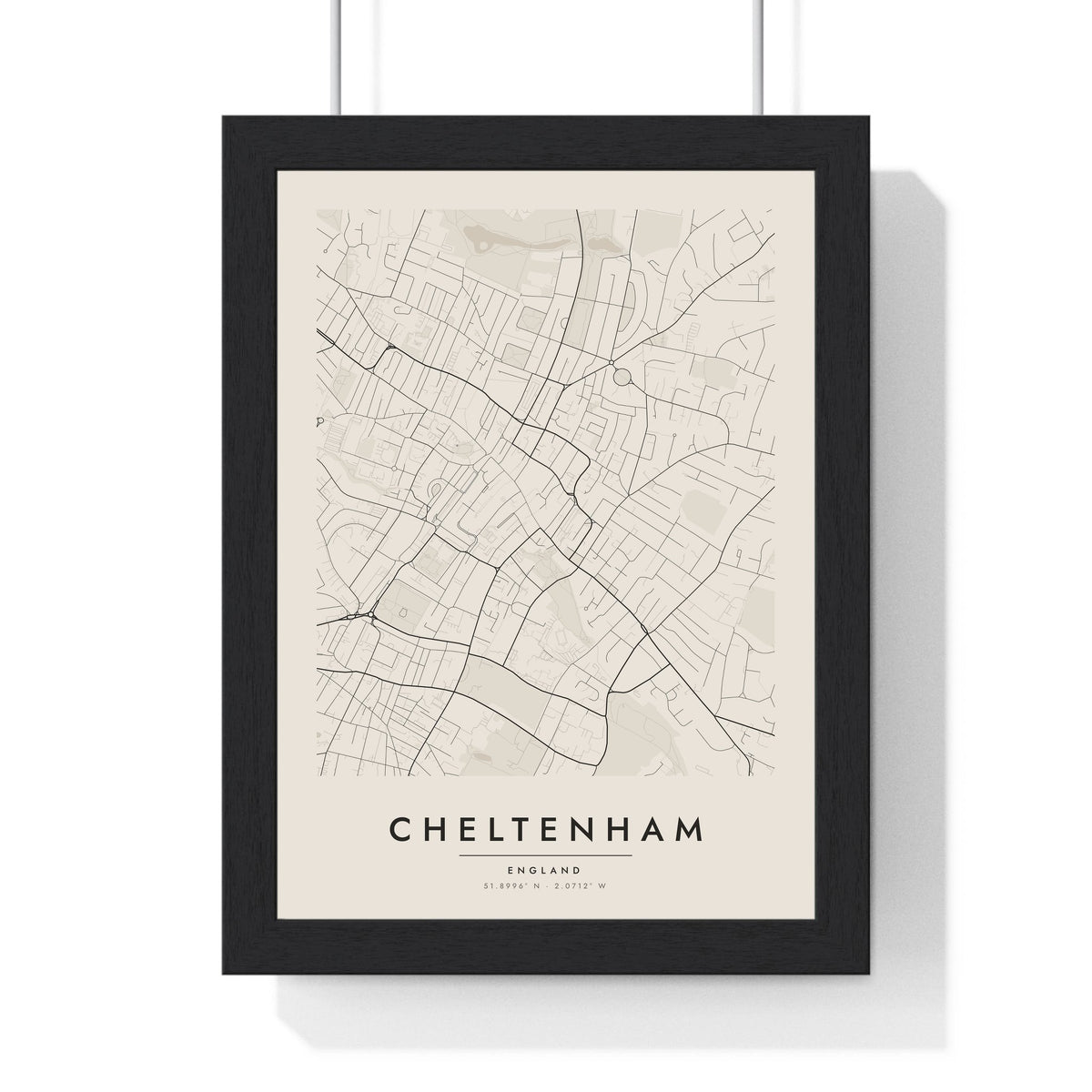 Cheltenham street map poster in cream, minimal city map print framed in a black frame