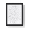 Cheltenham street map poster in white, minimal city map print framed in a black frame