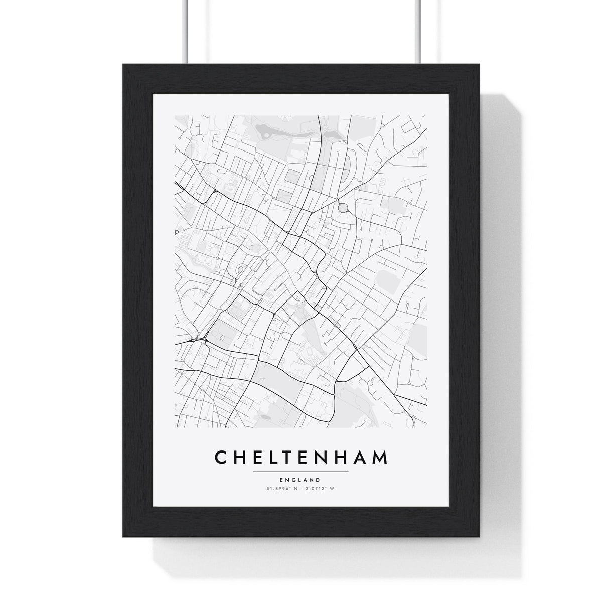 Cheltenham street map poster in white, minimal city map print framed in a black frame