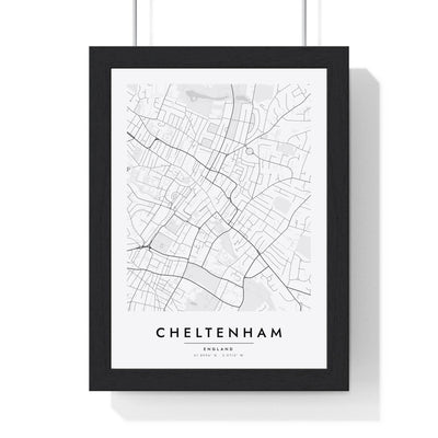 Cheltenham street map poster in white, minimal city map print framed in a black frame
