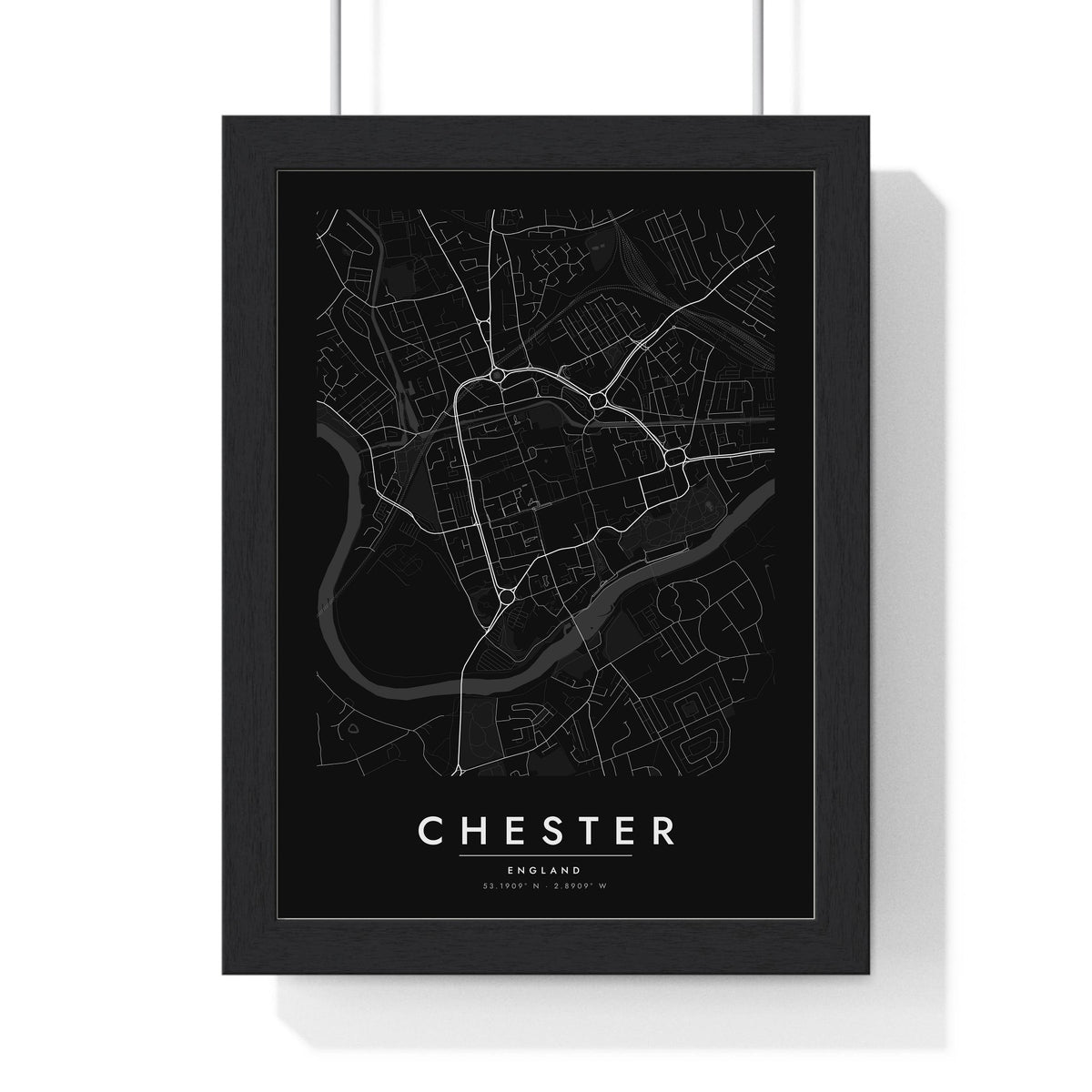 Chester street map poster in black, minimal city map print framed in a black frame