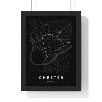 Chester street map poster in black, minimal city map print framed in a black frame