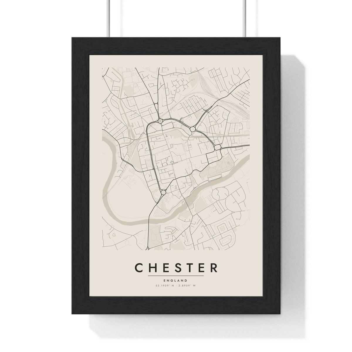 Chester street map poster in cream, minimal city map print framed in a black frame