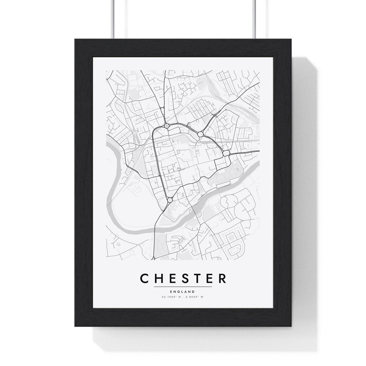 Chester street map poster in white, minimal city map print framed in a black frame