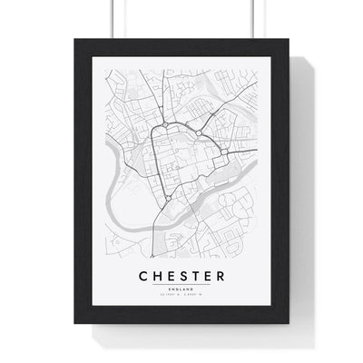 Chester street map poster in white, minimal city map print framed in a black frame