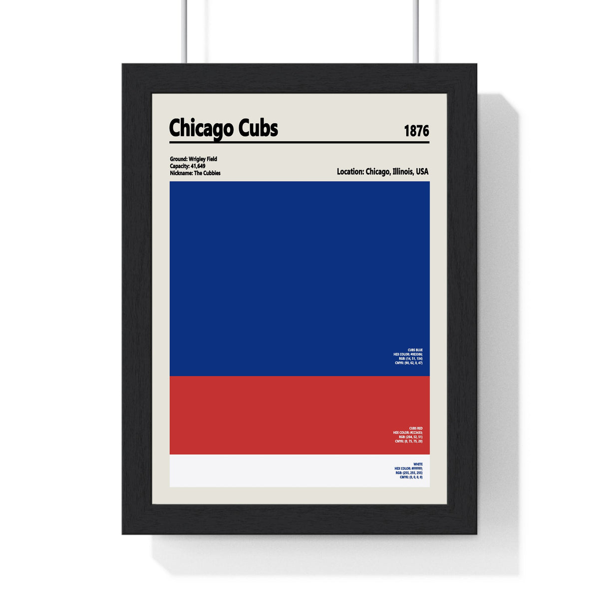 Chicago Cubs colour swatch print framed in a black frame, ready to hang