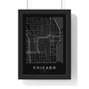 Chicago street map poster in black, minimal city map print framed in a black frame