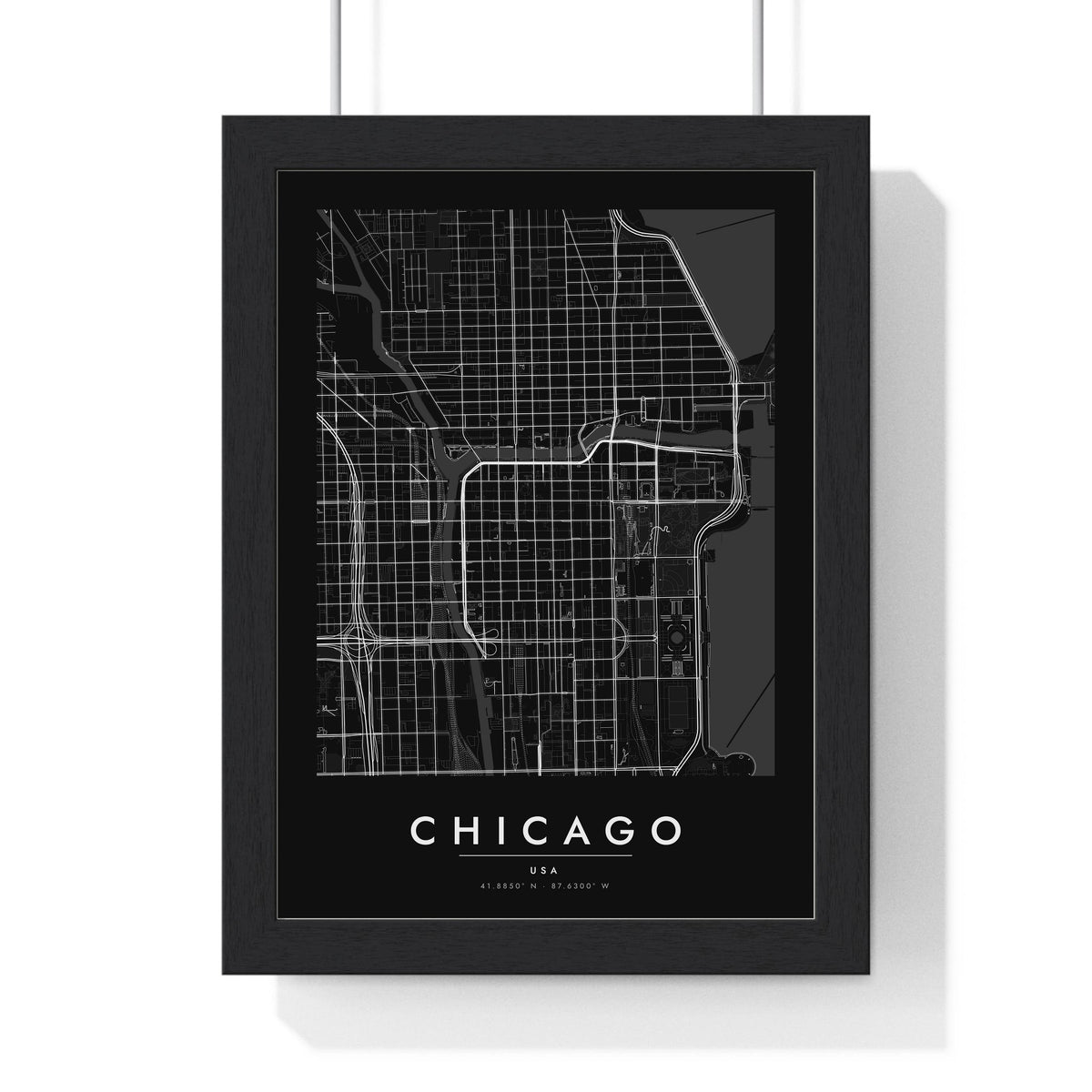 Chicago street map poster in black, minimal city map print framed in a black frame