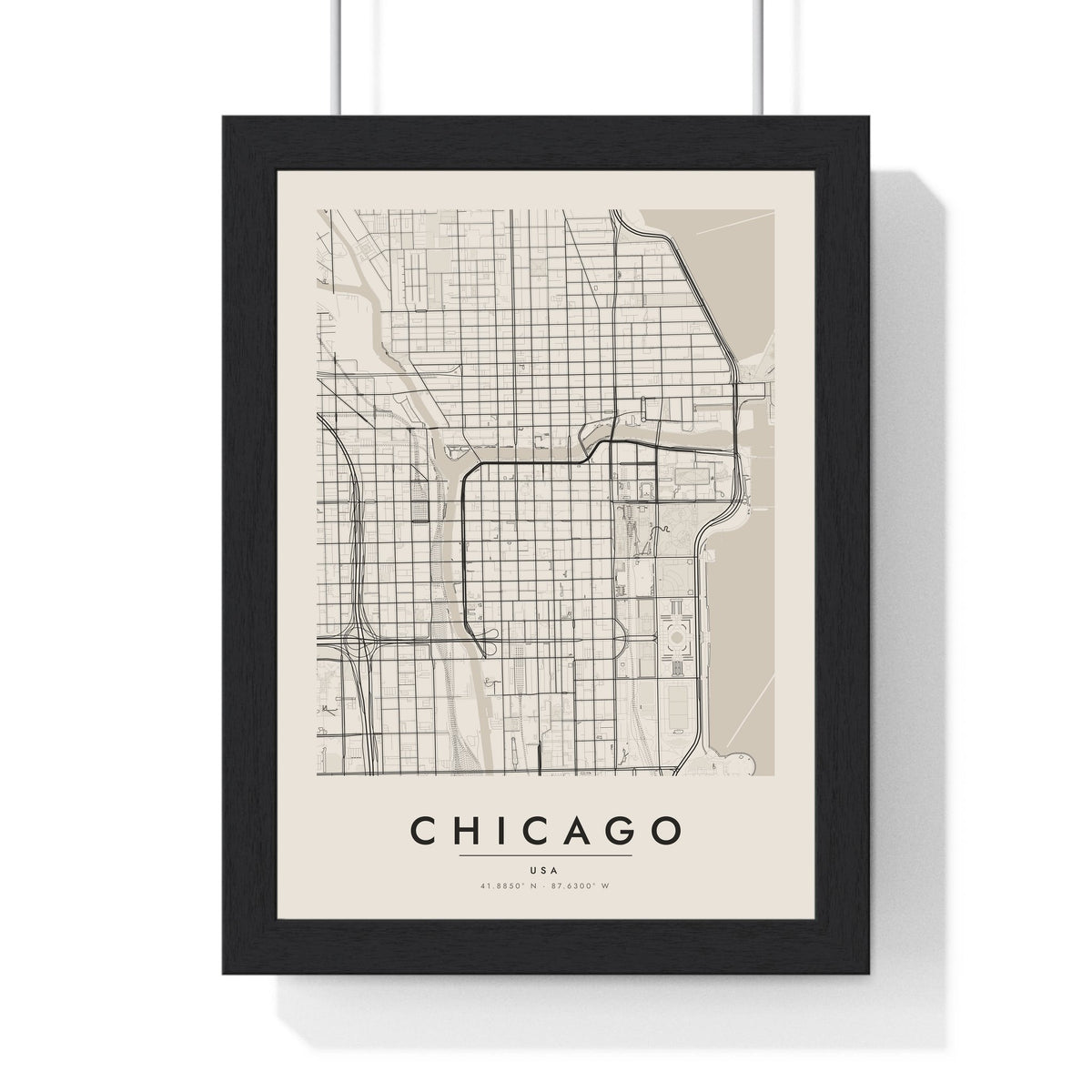 Chicago street map poster in cream, minimal city map print framed in a black frame
