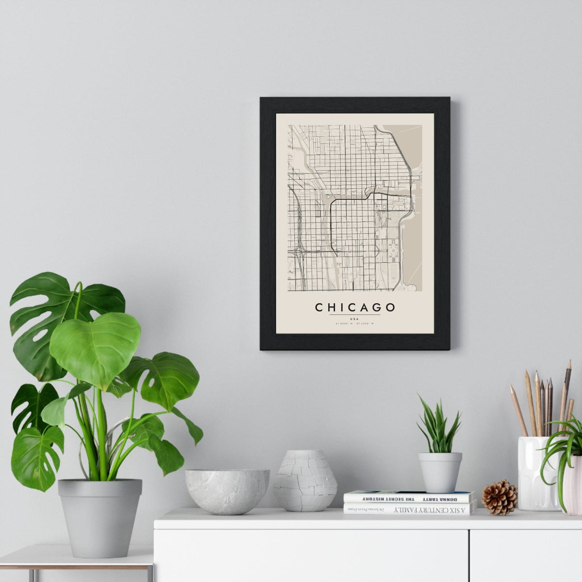 Chicago street map poster in cream, minimal city map print framed on a living room wall