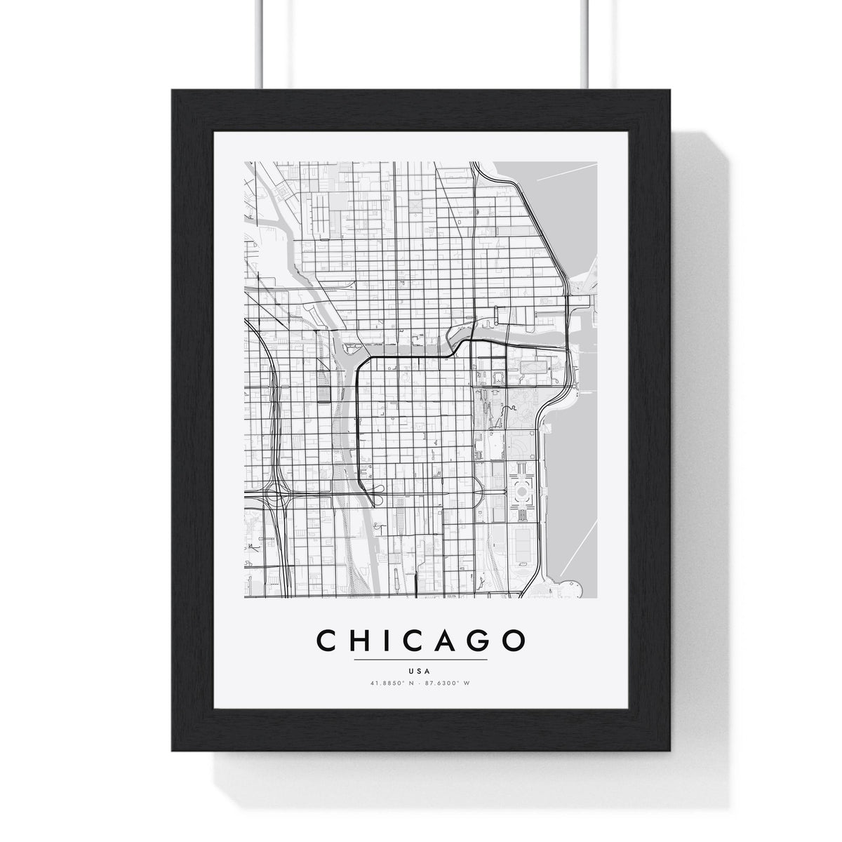 Chicago street map poster in white, minimal city map print framed in a black frame