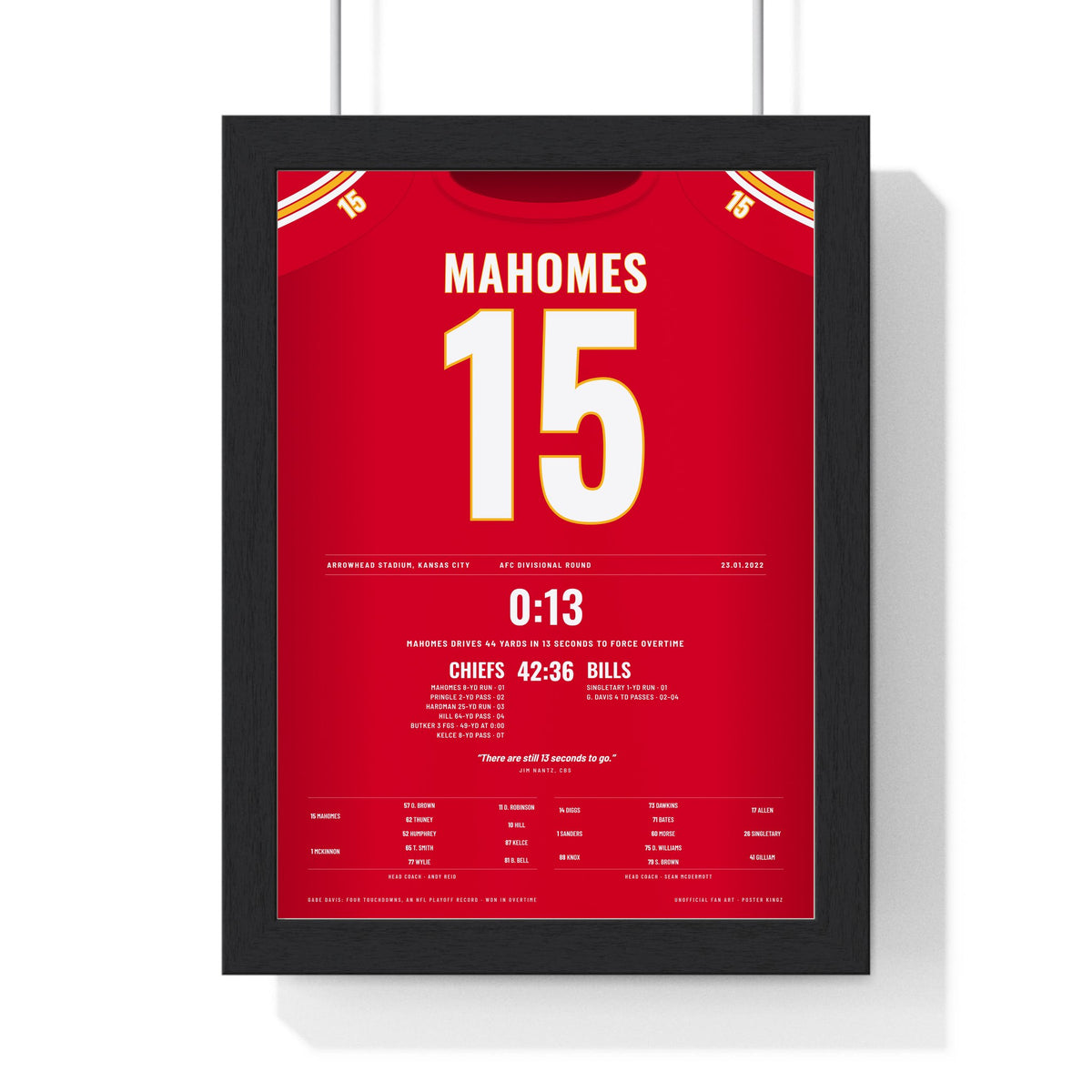 Kansas City Chiefs 13 Seconds 2022 Poster - Patrick Mahomes 15 AFC Divisional Jersey Print framed in a black frame, ready to hang