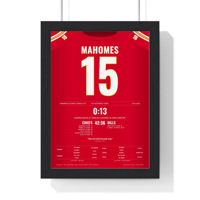 Kansas City Chiefs 13 Seconds 2022 Poster - Patrick Mahomes 15 AFC Divisional Jersey Print framed in a black frame, ready to hang