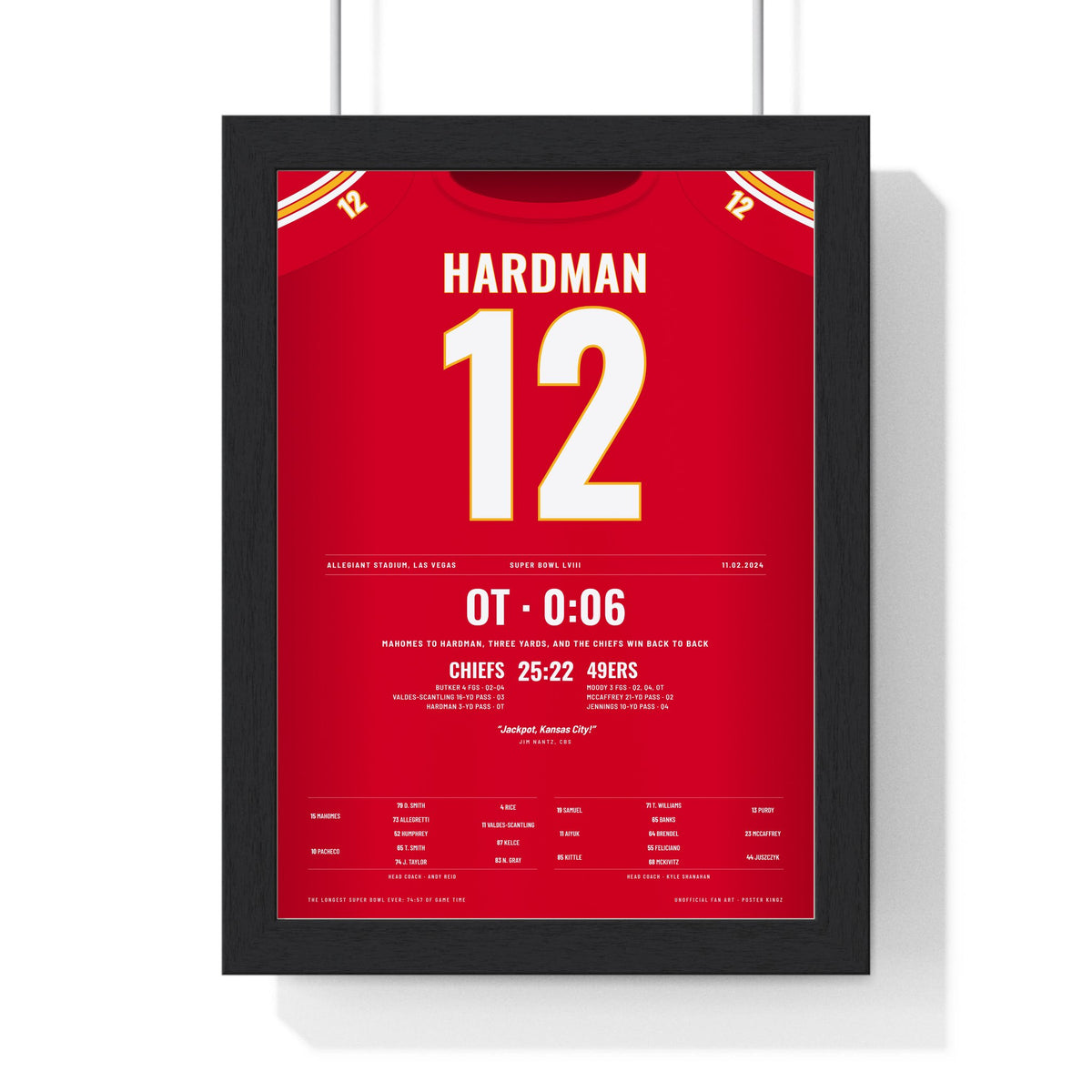 Kansas City Chiefs Super Bowl LVIII Poster - Mecole Hardman 12 Overtime Winner Jersey Print framed in a black frame, ready to hang