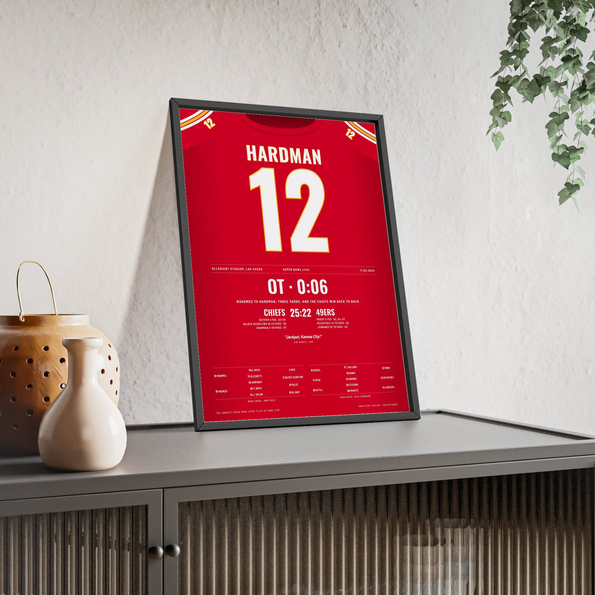 Kansas City Chiefs Super Bowl LVIII Poster - Mecole Hardman 12 Overtime Winner Jersey Print framed and leaning on a sideboard