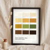Chippy Tea Colour Chart in a black frame propped up on linen