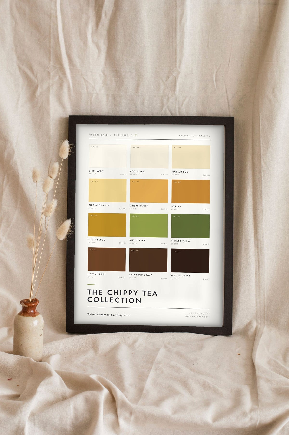 Chippy Tea Colour Chart in a black frame propped up on linen