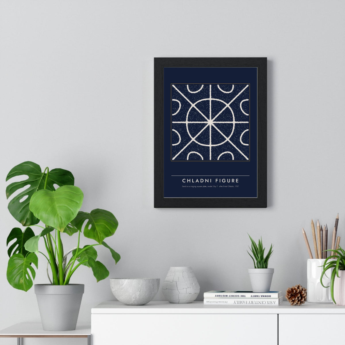 Chladni Figure print framed on a living room wall