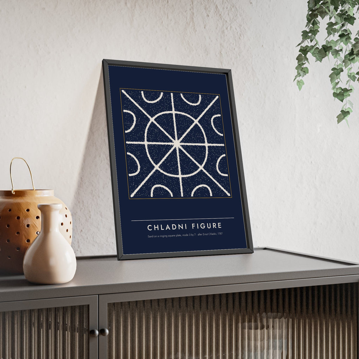 Chladni Figure print framed and leaning on a sideboard