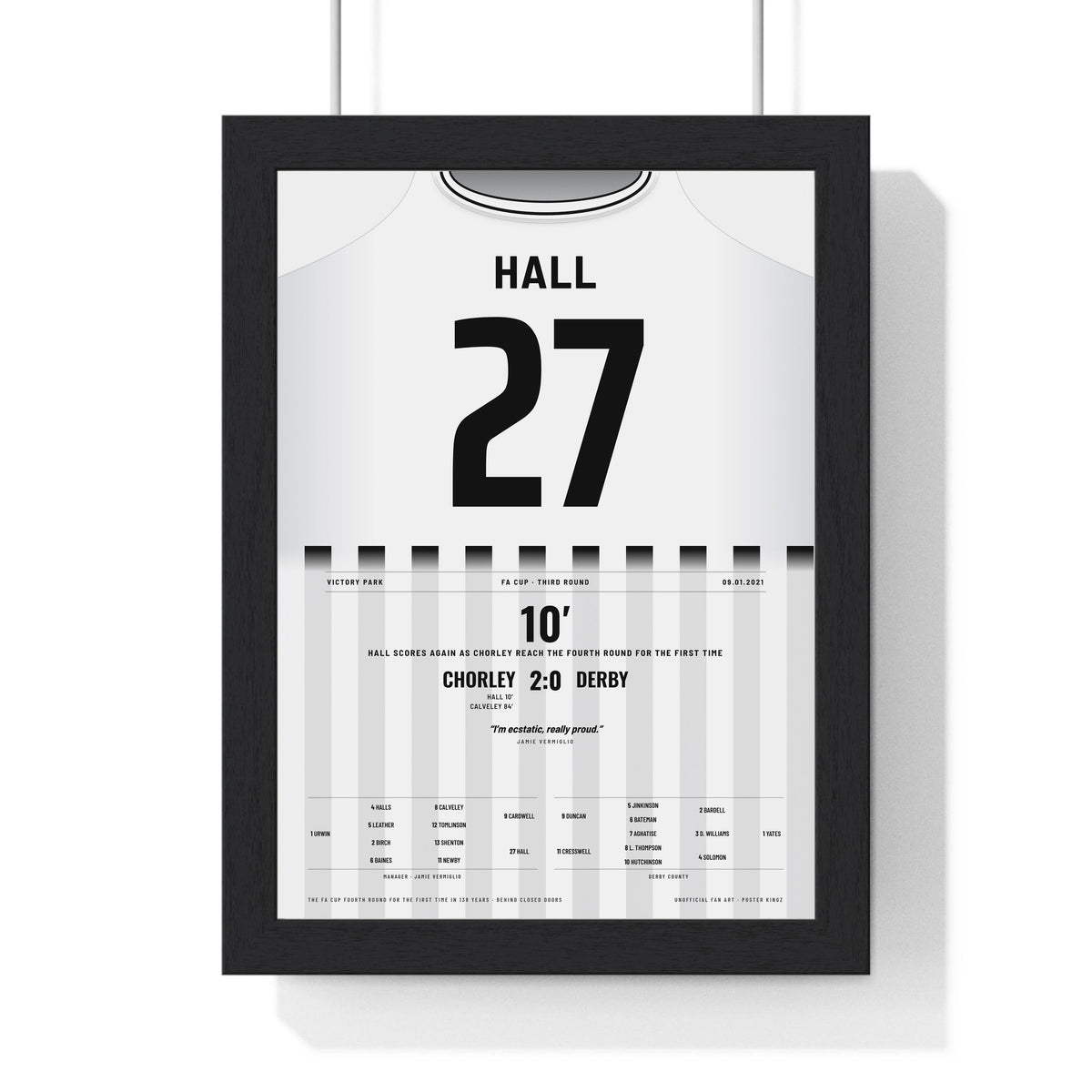 Chorley 2-0 Derby FA Cup 2021 Poster - Connor Hall 27 Victory Park Shirt Print framed in a black frame, ready to hang