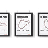Build Your Own Circuit Poster Set - set of Donington Park Circuit Poster White, Nordschleife Poster White, Le Mans Circuit Poster White