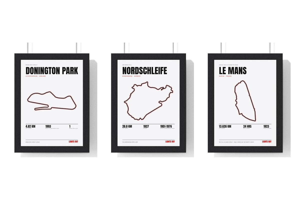 Build Your Own Circuit Poster Set - set of Donington Park Circuit Poster White, Nordschleife Poster White, Le Mans Circuit Poster White