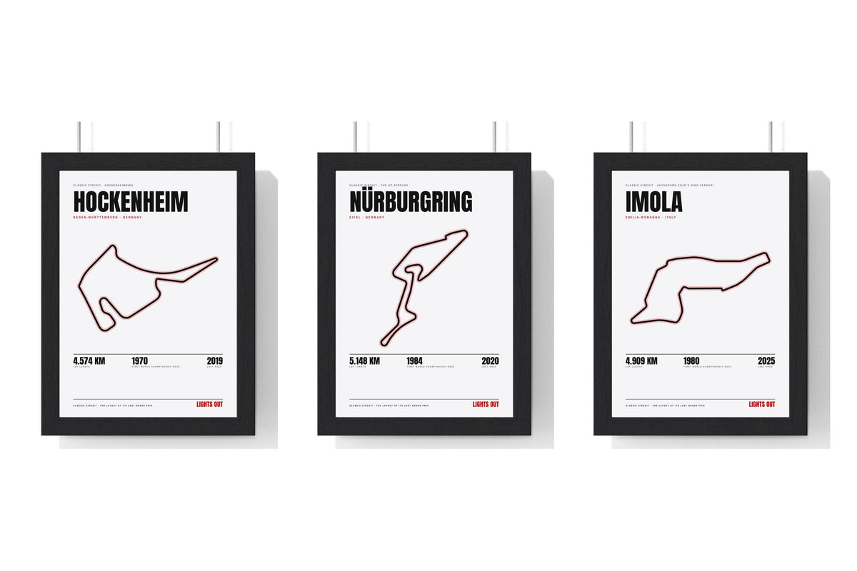 Build Your Own Circuit Poster Set - set of Hockenheim Circuit Poster White, Nürburgring Circuit Poster White, Imola Circuit Poster White