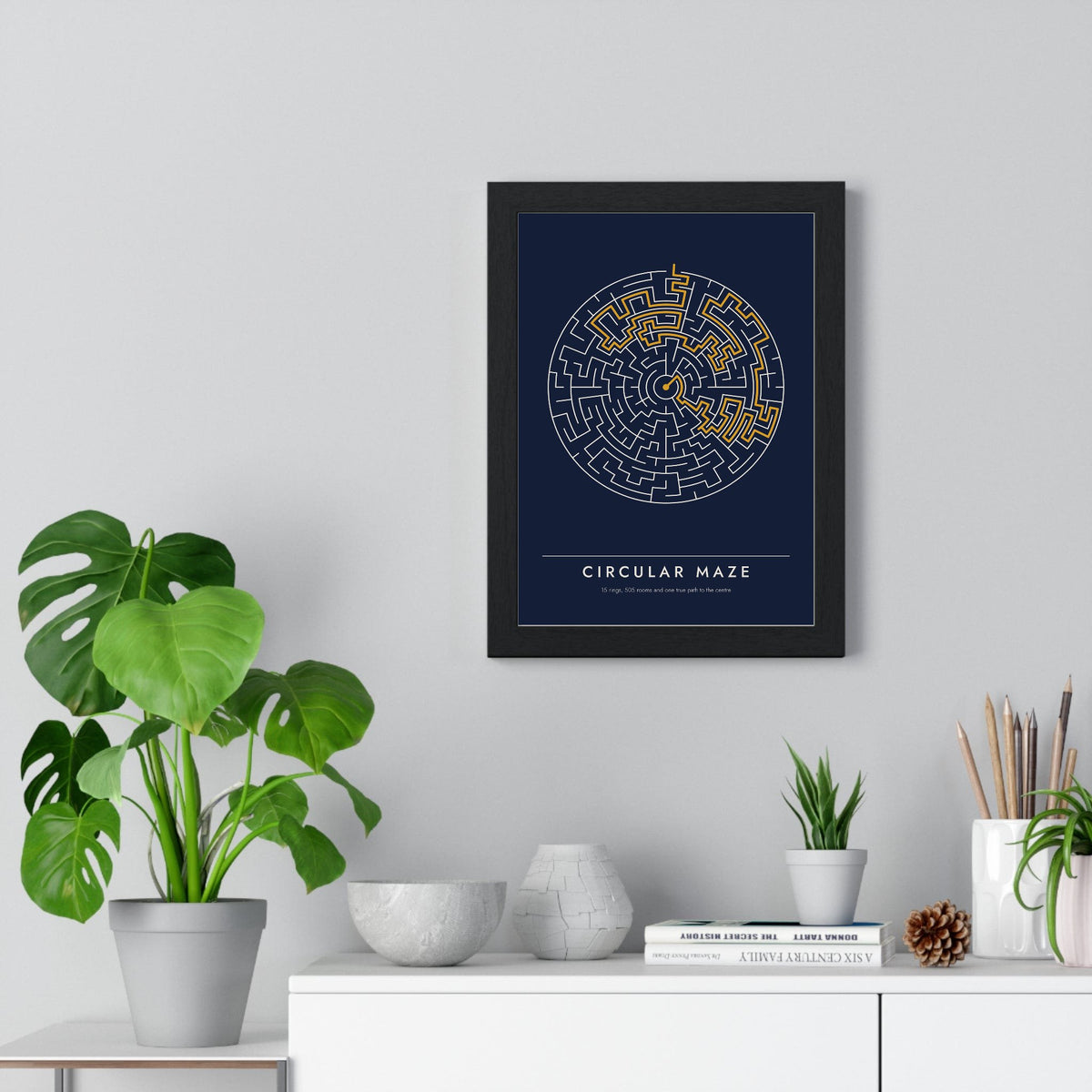 Circular Maze print framed on a living room wall