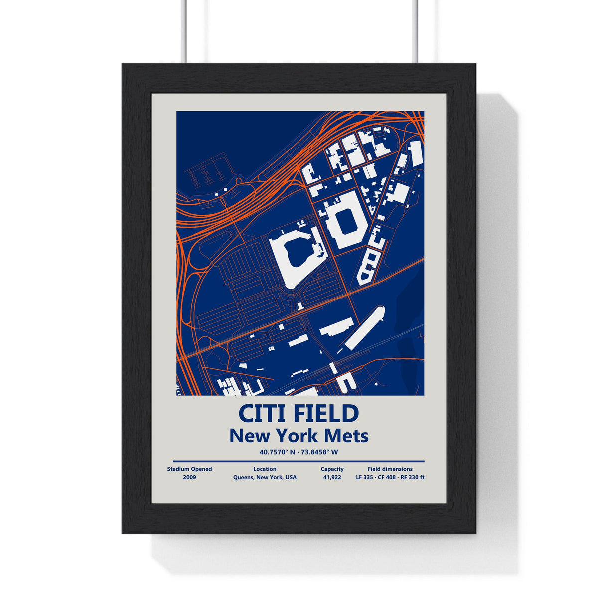 Citi Field map print framed in a black frame, ready to hang