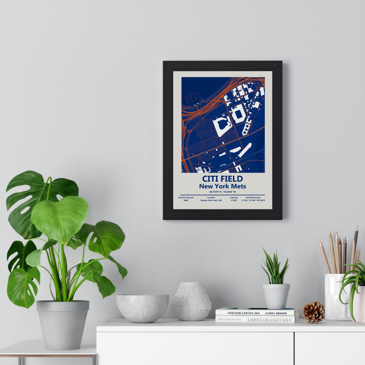 Citi Field map print framed on a living room wall