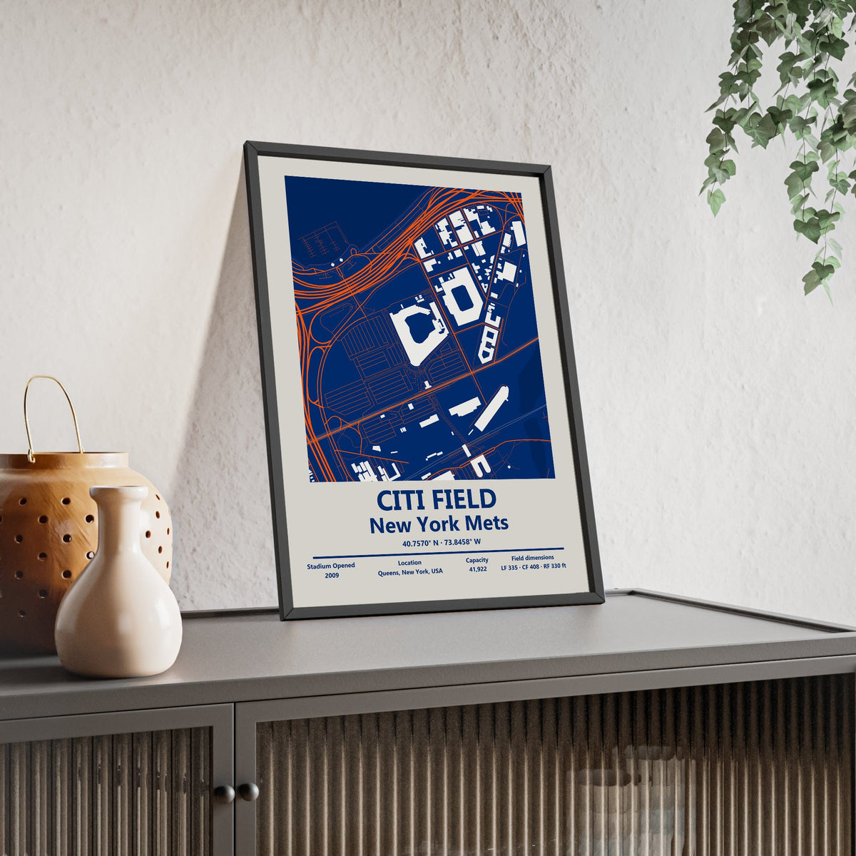 Citi Field map print framed and leaning on a sideboard