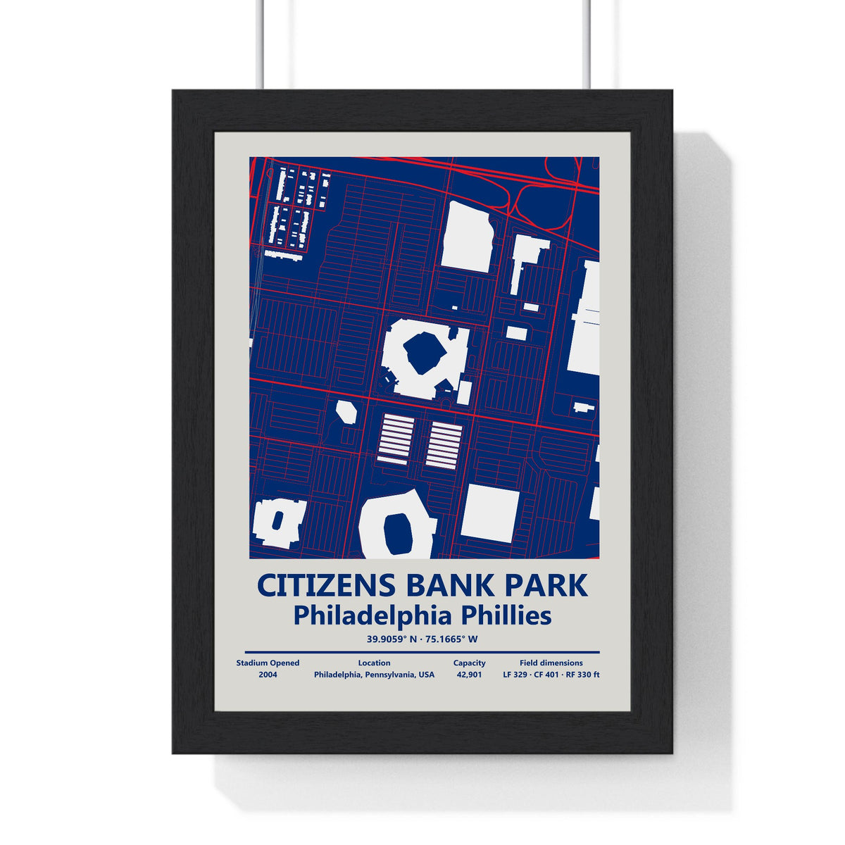 Citizens Bank Park map print framed in a black frame, ready to hang