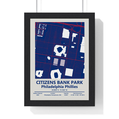 Citizens Bank Park map print framed in a black frame, ready to hang