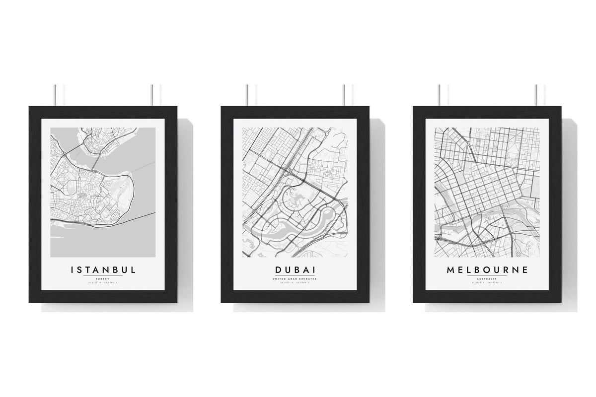 Build Your Own City Map Set - set of Istanbul Street Map Poster, Dubai Street Map Poster, Melbourne Street Map Poster