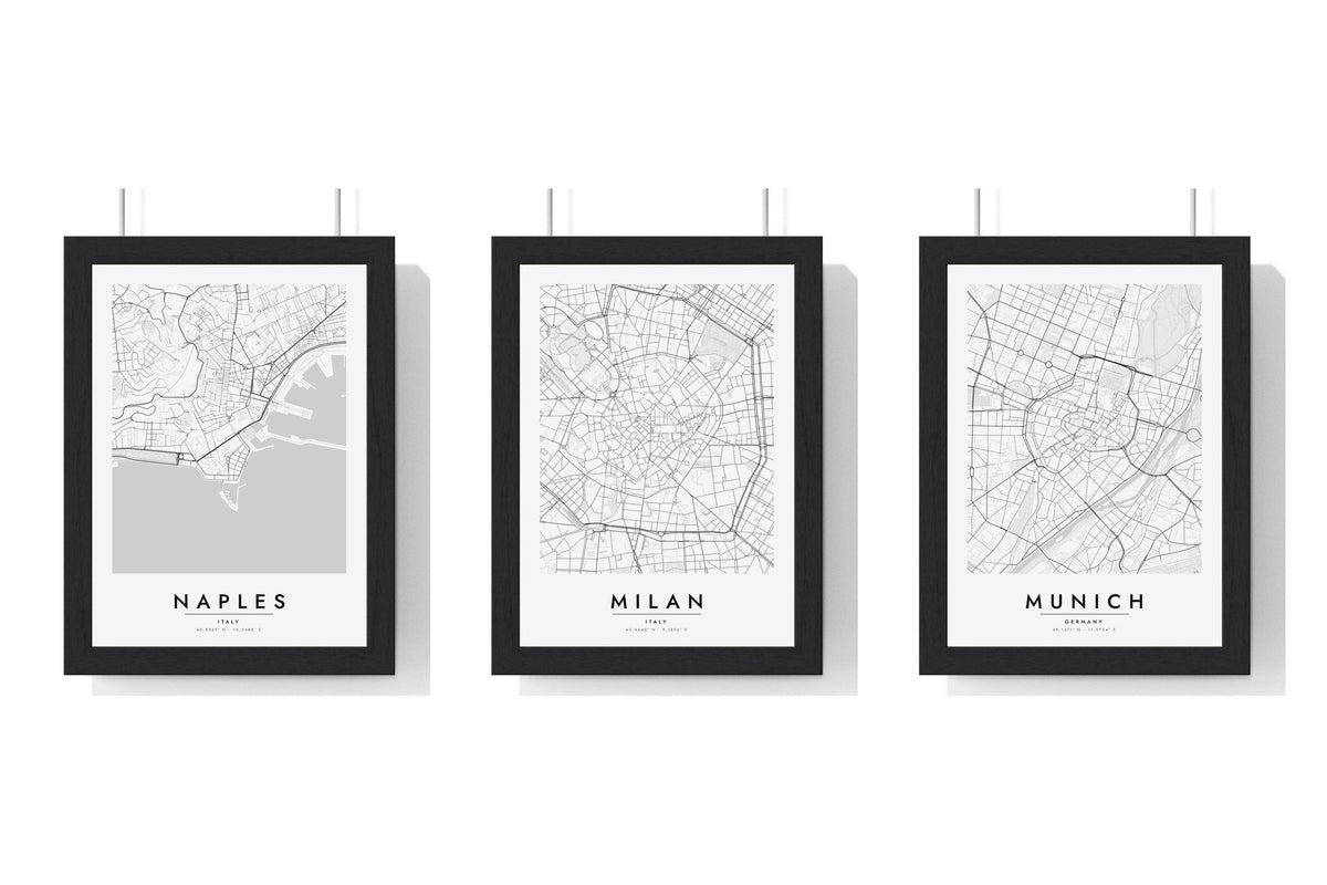 Build Your Own City Map Set - set of Naples Street Map Poster, Milan Street Map Poster, Munich Street Map Poster